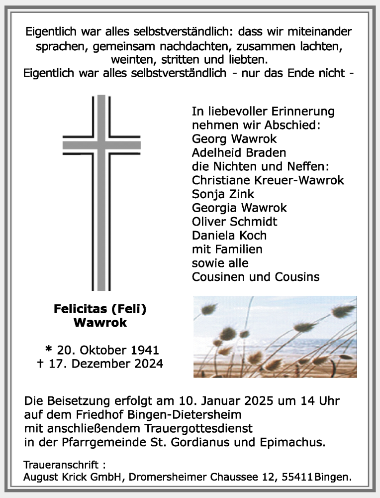  Traueranzeige für Felicitas Wawrok vom 02.01.2025 aus Allgemeine Zeitung Rheinhessen-Nahe