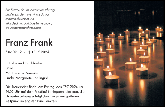 Traueranzeige von Franz Frank von Starkenburger Echo