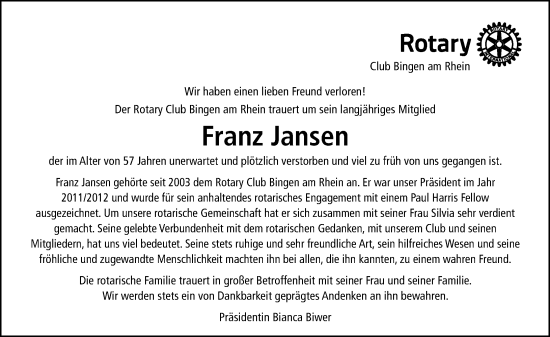 Traueranzeige von Franz Jansen von Wiesbadener Kurier