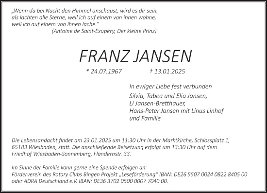 Traueranzeige von Franz Jansen von Wiesbadener Kurier