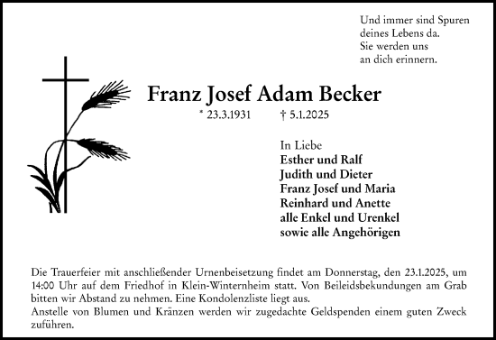 Traueranzeige von Franz Josef Adam Becker von Allgemeine Zeitung Mainz