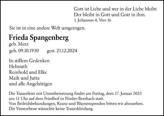 Traueranzeige von Frieda Spangenberg von Darmstädter Echo