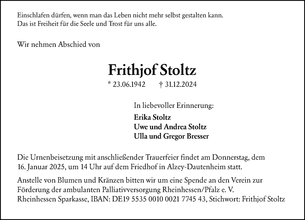  Traueranzeige für Frithjof Stoltz vom 11.01.2025 aus Allgemeine Zeitung Alzey
