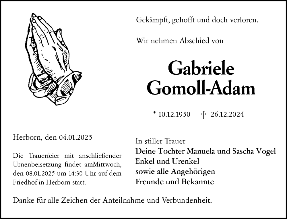  Traueranzeige für Gabriele Gomoll-Adam vom 04.01.2025 aus Dill Block