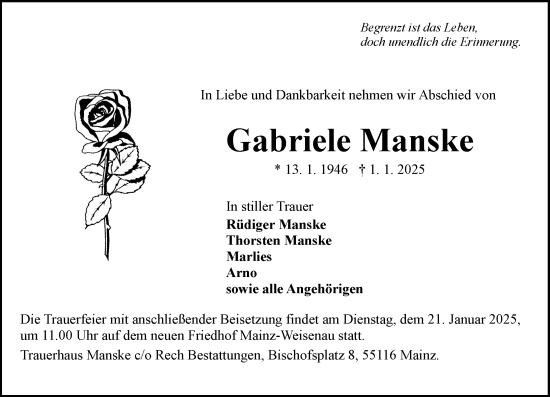Traueranzeige von Gabriele Manske von Allgemeine Zeitung Mainz