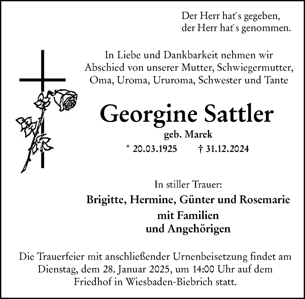  Traueranzeige für Georgine Sattler vom 11.01.2025 aus Wiesbadener Kurier