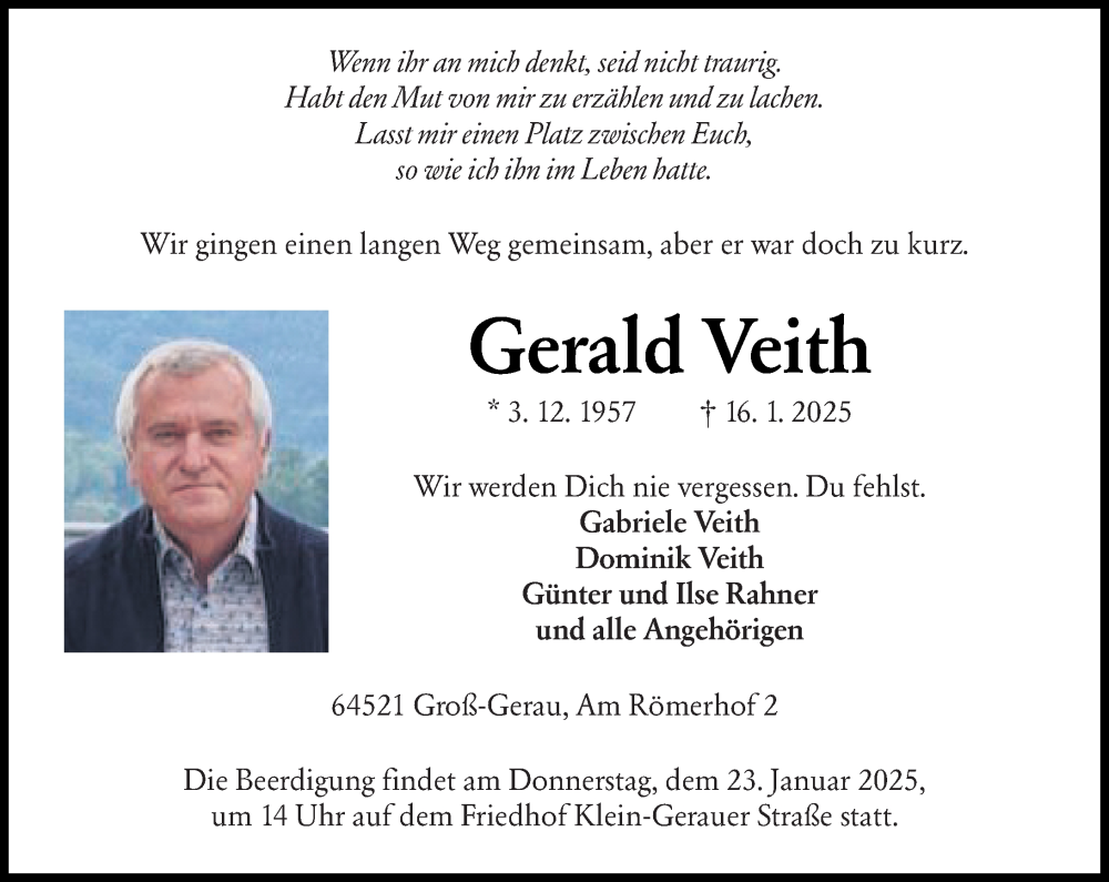  Traueranzeige für Gerald Veith vom 18.01.2025 aus Groß-Gerauer Echo