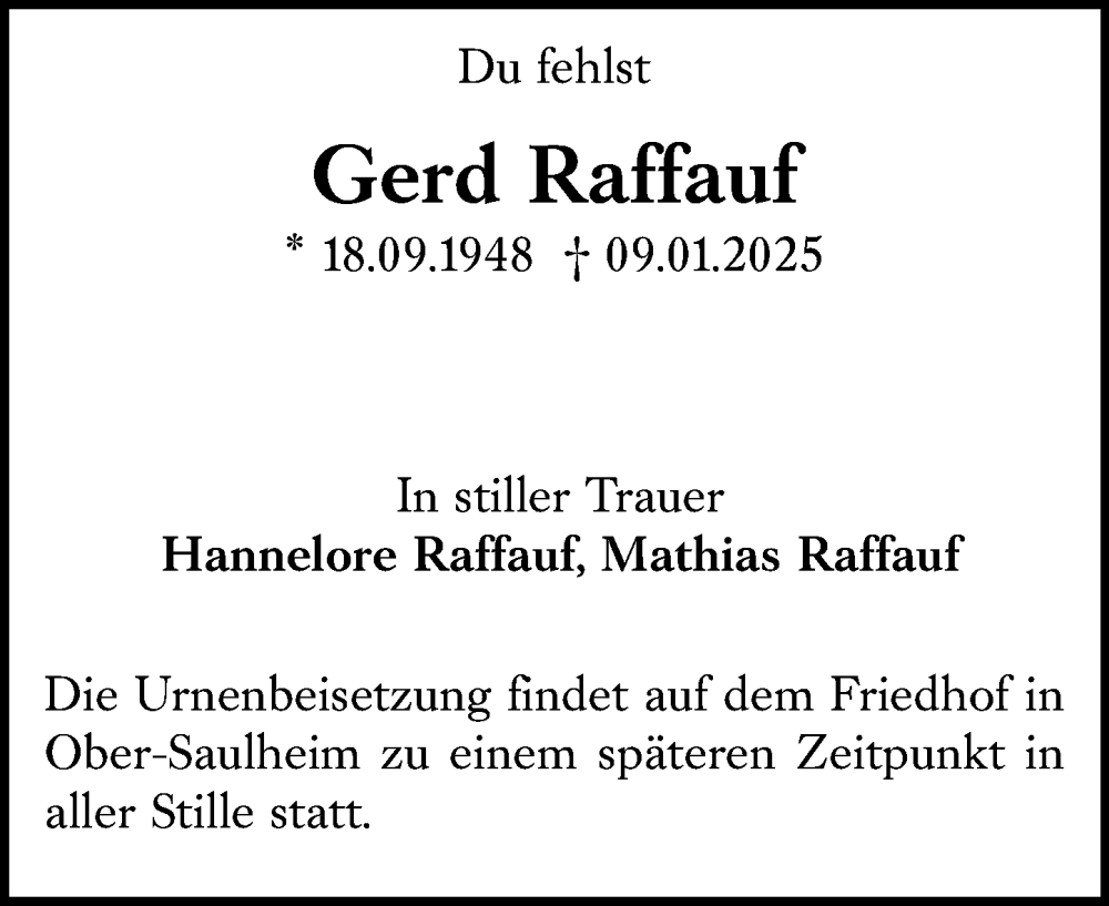  Traueranzeige für Gerd Raffauf vom 18.01.2025 aus Allgemeine Zeitung Mainz