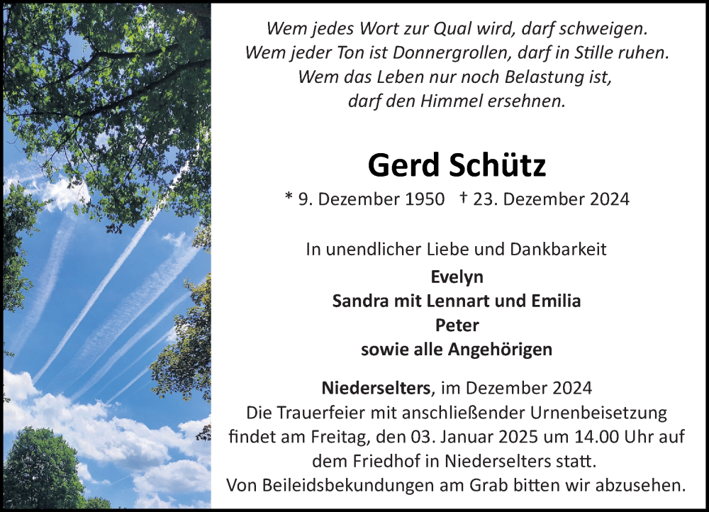  Traueranzeige für Gerd Schütz vom 02.01.2025 aus Camberger Anzeiger