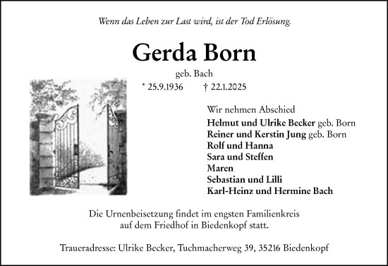 Traueranzeige von Gerda Born von Hinterländer Anzeiger