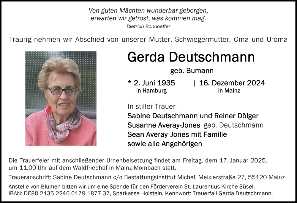  Traueranzeige für Gerda Deutschmann vom 04.01.2025 aus Allgemeine Zeitung Mainz