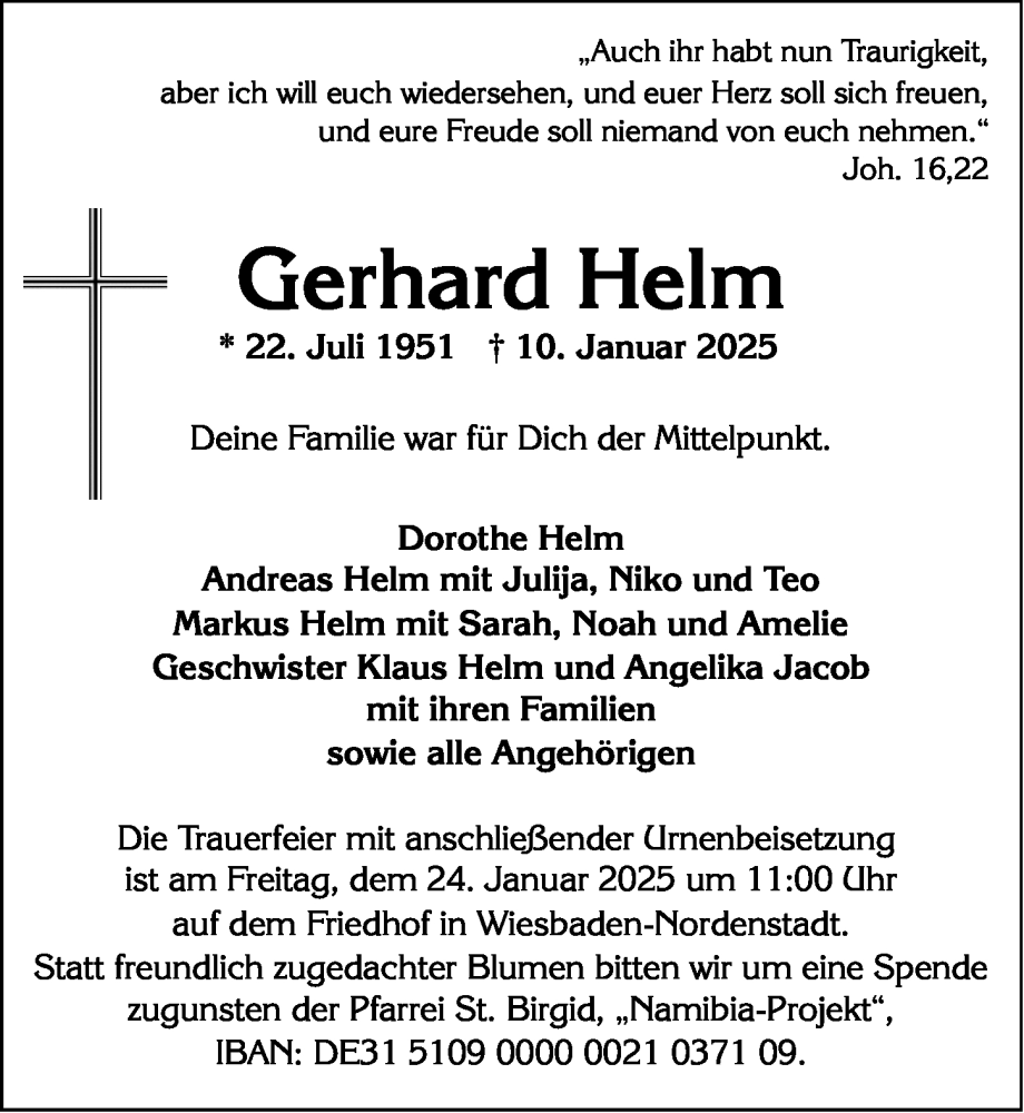  Traueranzeige für Gerhard Helm vom 18.01.2025 aus Wiesbadener Kurier