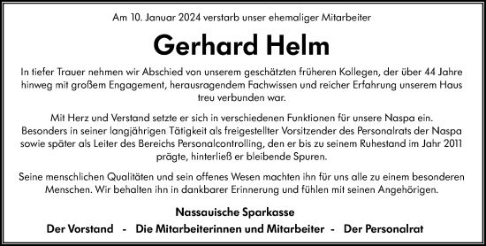 Traueranzeige von Gerhard Helm von Wiesbadener Kurier