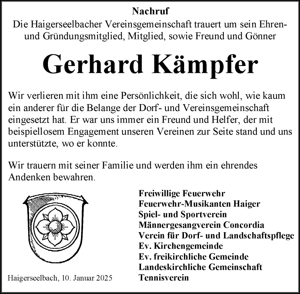  Traueranzeige für Gerhard Kämpfer vom 10.01.2025 aus Dill Block