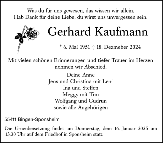 Traueranzeige von Gerhard Kaufmann von Binger-/Ingelheimer Wochenblatt
