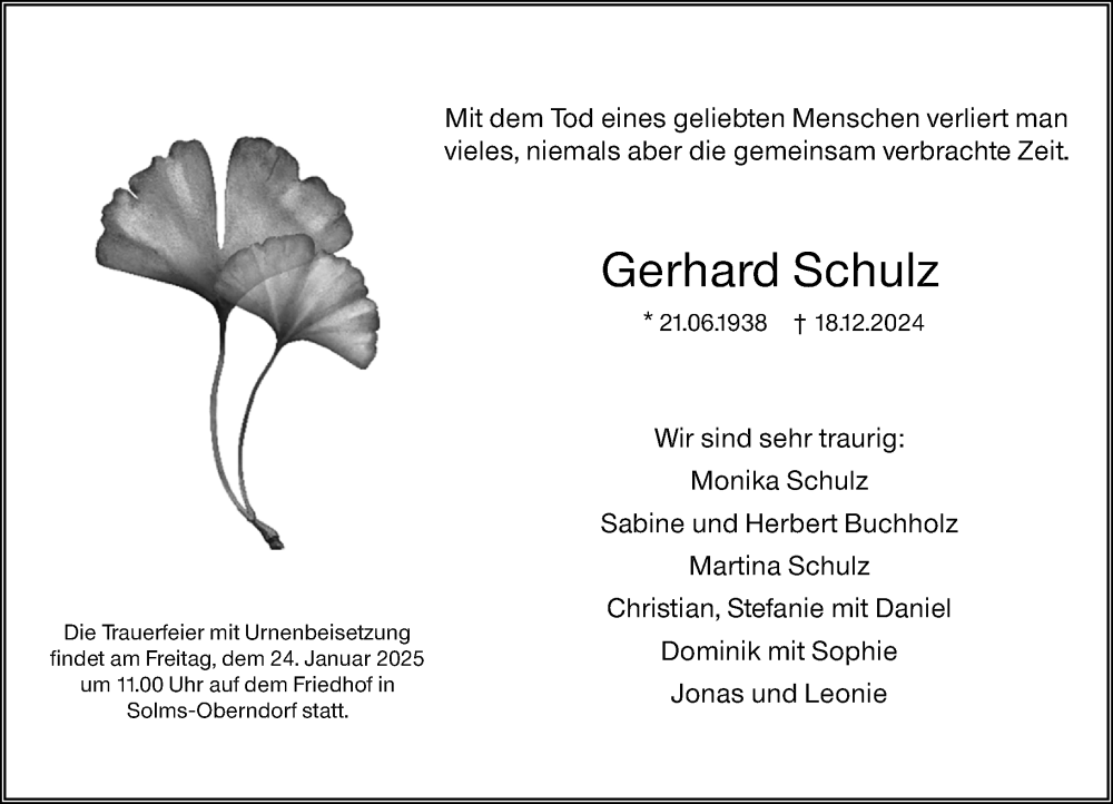  Traueranzeige für Gerhard Schulz vom 18.01.2025 aus Wetzlarer Neue Zeitung