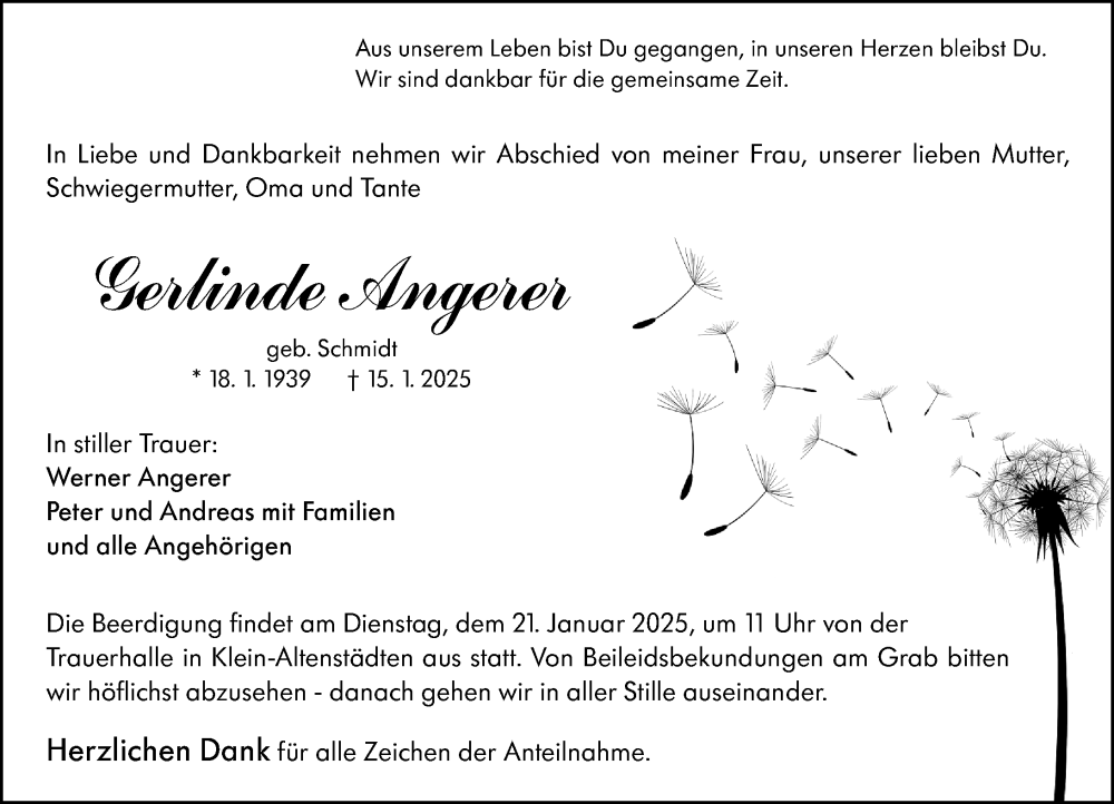  Traueranzeige für Gerlinde Angerer vom 18.01.2025 aus Wetzlarer Neue Zeitung