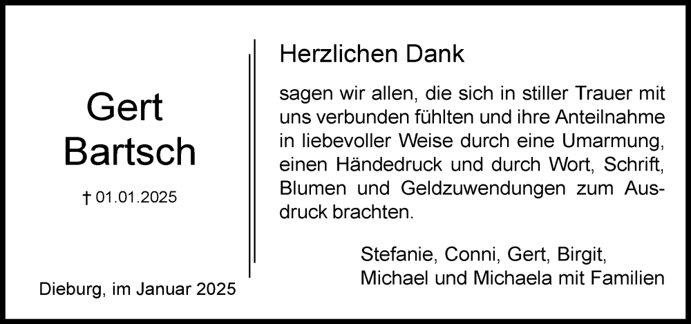  Traueranzeige für Gert Bartsch vom 25.01.2025 aus Dieburger Anzeiger/Groß-Zimmerner Lokal-Anzeiger