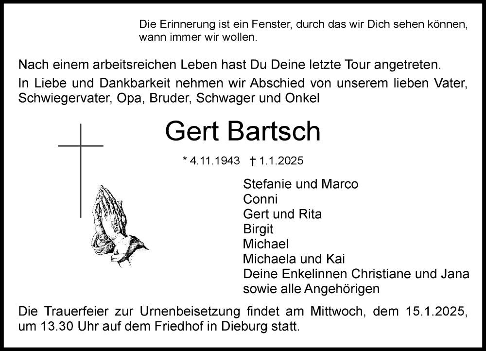  Traueranzeige für Gert Bartsch vom 11.01.2025 aus Dieburger Anzeiger/Groß-Zimmerner Lokal-Anzeiger