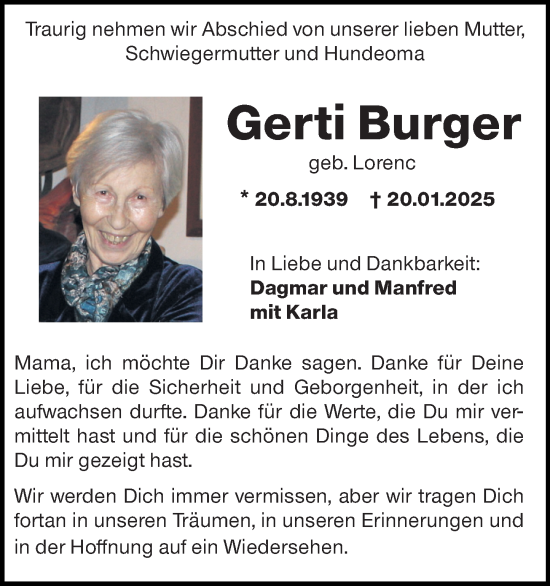 Traueranzeige von Gerti Burger von Wiesbadener Kurier