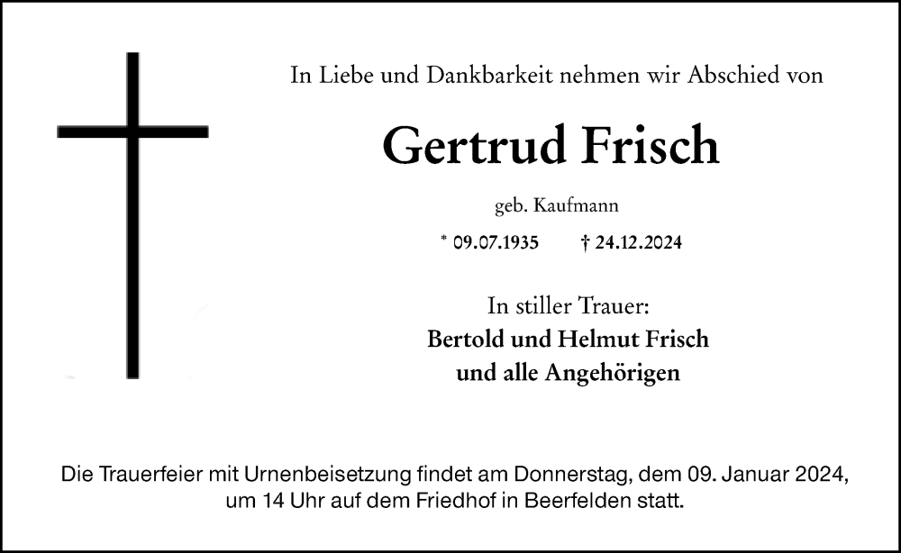  Traueranzeige für Gertrud Frisch vom 04.01.2025 aus Odenwälder Echo
