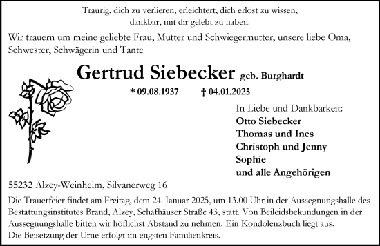 Traueranzeige von Gertrud Siebecker von Allgemeine Zeitung Mainz