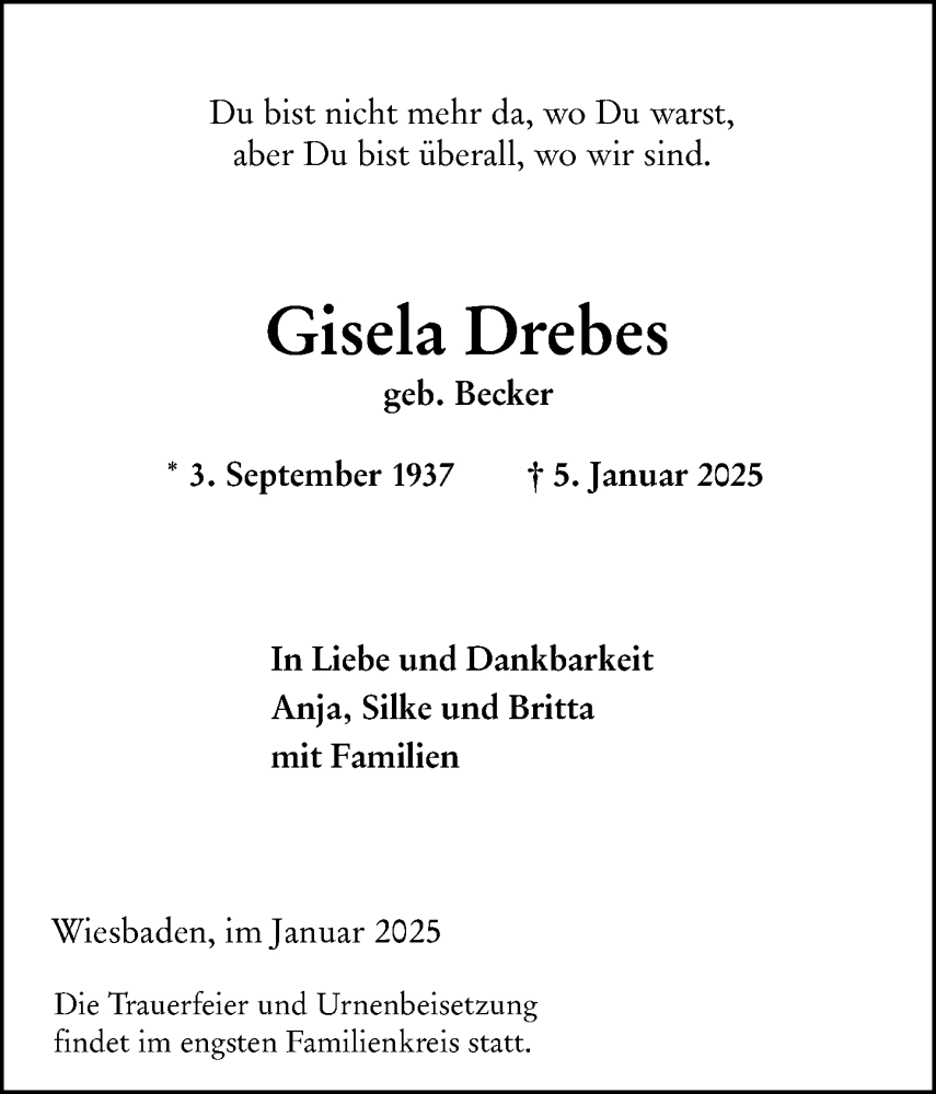  Traueranzeige für Gisela Drebes vom 18.01.2025 aus Wiesbadener Kurier