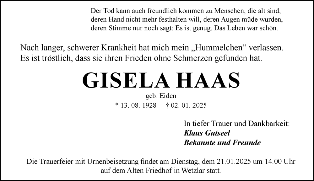  Traueranzeige für Gisela Haas vom 11.01.2025 aus Wetzlarer Neue Zeitung