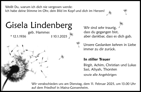 Traueranzeige von Gisela Lindenberg von Allgemeine Zeitung Mainz
