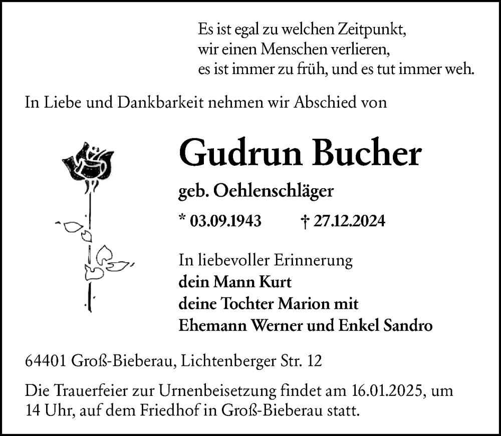  Traueranzeige für Gudrun Bucher vom 11.01.2025 aus Darmstädter Echo
