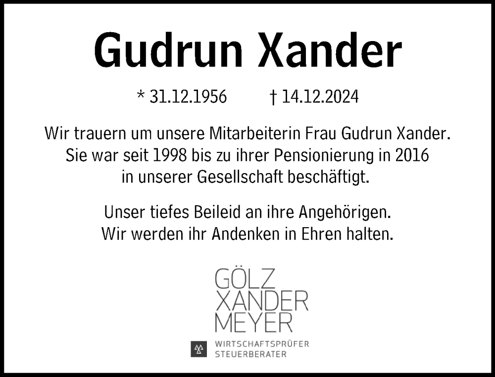  Traueranzeige für Gudrun Xander vom 11.01.2025 aus Wiesbadener Kurier