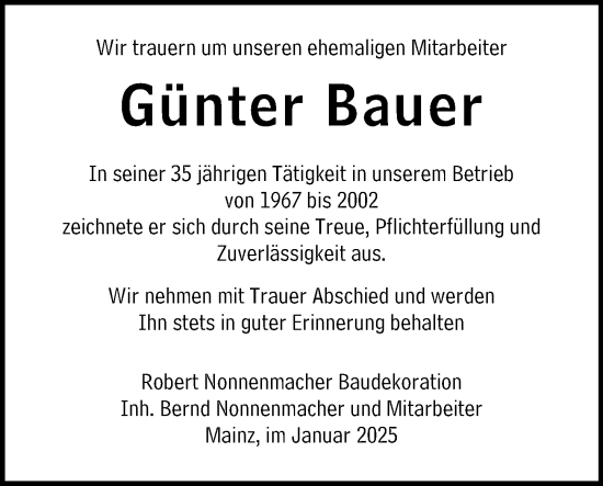 Traueranzeige von Günter Bauer von Allgemeine Zeitung Mainz