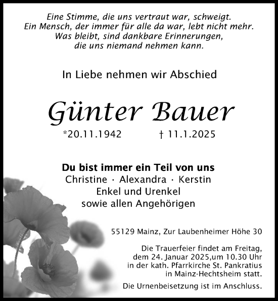 Traueranzeige von Günter Bauer von Allgemeine Zeitung Mainz
