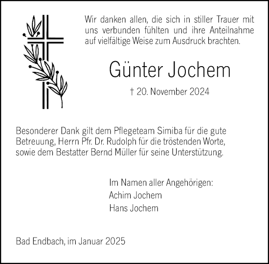 Traueranzeige von Günter Jochem von Hinterländer Anzeiger