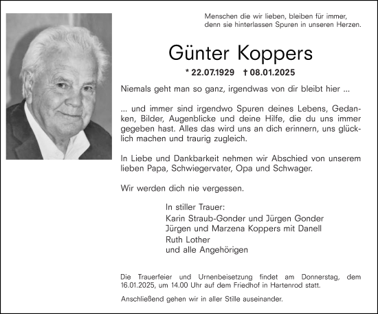 Traueranzeige von Günter Koppers von Hinterländer Anzeiger