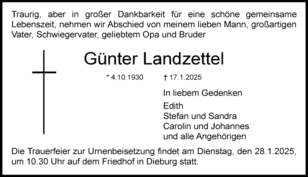  Traueranzeige für Günter Landzettel vom 25.01.2025 aus Dieburger Anzeiger/Groß-Zimmerner Lokal-Anzeiger