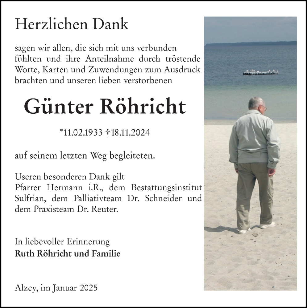  Traueranzeige für Günter Röhricht vom 18.01.2025 aus Allgemeine Zeitung Alzey