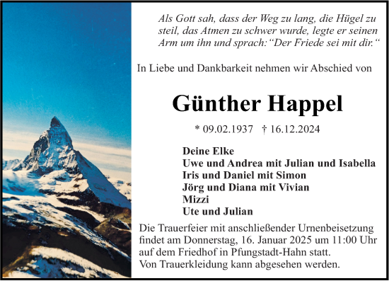 Traueranzeige von Günther Happel von Darmstädter Echo