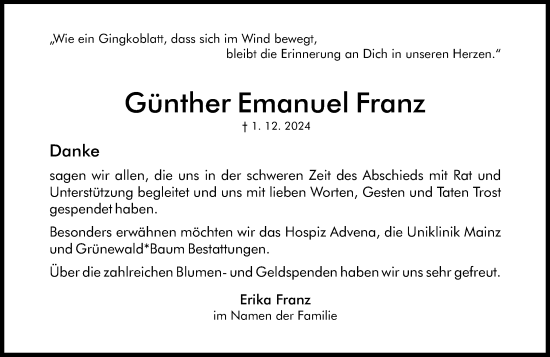 Traueranzeige von Günther Emanuel Franz von Allgemeine Zeitung Mainz