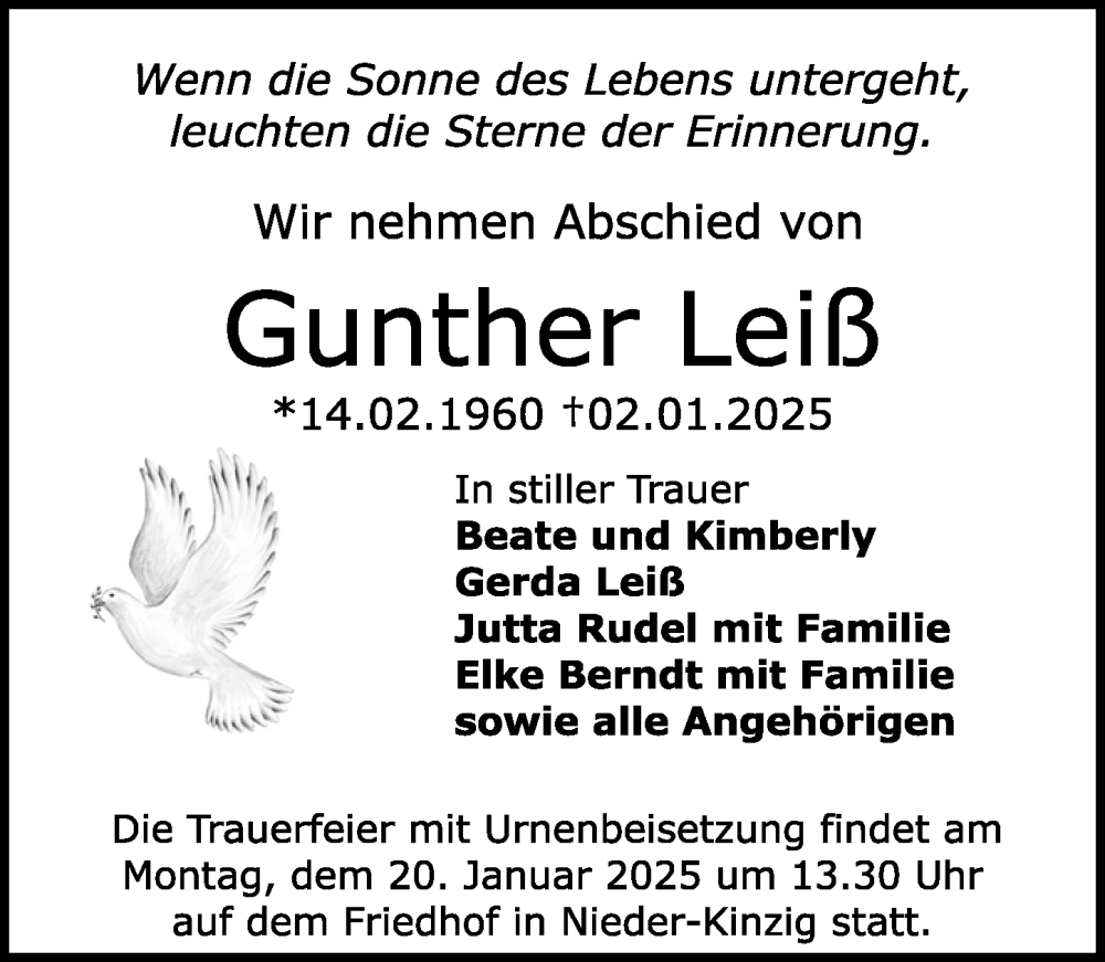  Traueranzeige für Gunther Leiß vom 11.01.2025 aus Odenwälder Echo