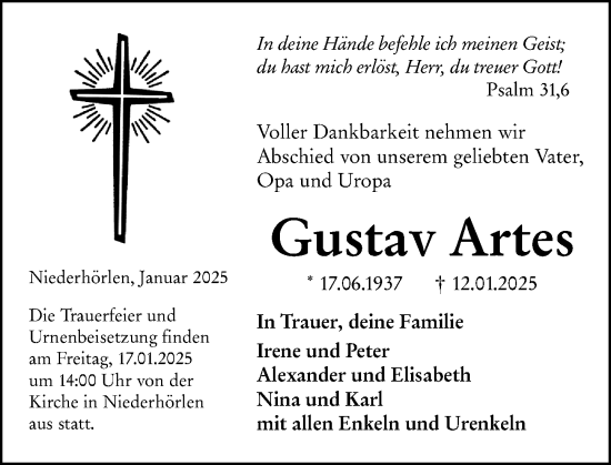 Traueranzeige von Gustav Artes von Hinterländer Anzeiger