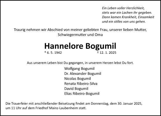 Traueranzeige von Hannelore Bogumil von Allgemeine Zeitung Mainz