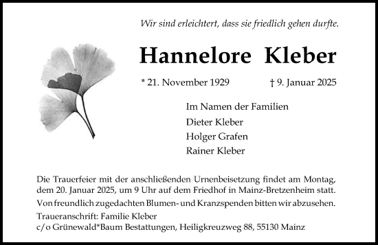Traueranzeige von Hannelore Kleber von Allgemeine Zeitung Mainz