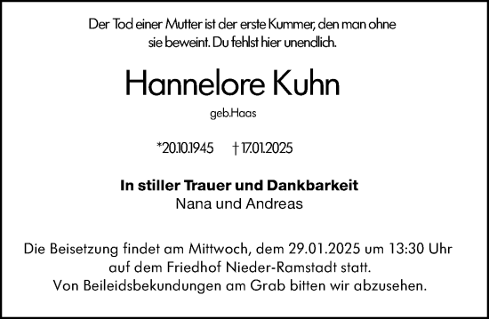 Traueranzeige von Hannelore Kuhn von Darmstädter Echo