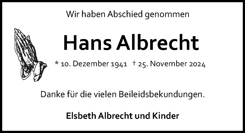  Traueranzeige für Hans Albrecht vom 04.01.2025 aus Allgemeine Zeitung Mainz