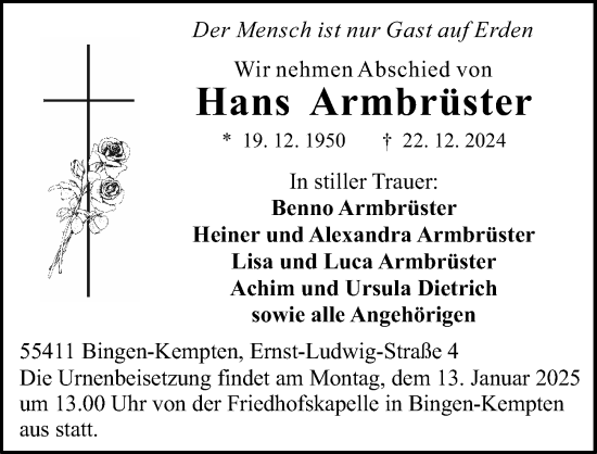 Traueranzeige von Hans Armbrüster von Allgemeine Zeitung Rheinhessen-Nahe