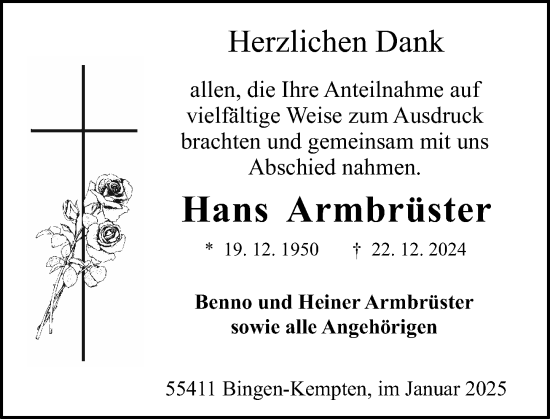 Traueranzeige von Hans Armbrüster von Allgemeine Zeitung Rheinhessen-Nahe