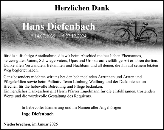 Traueranzeige von Hans Diefenbach von Nassauische Neue Presse