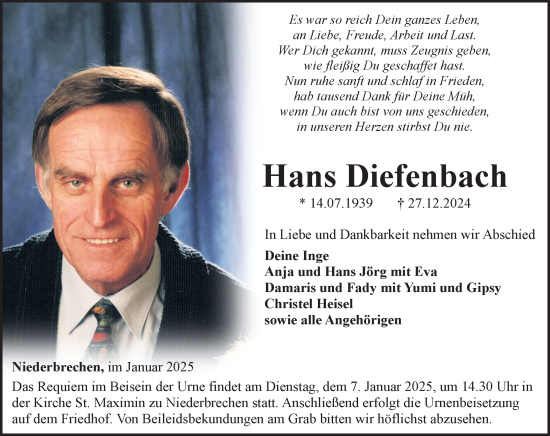 Traueranzeige von Hans Diefenbach von Nassauische Neue Presse