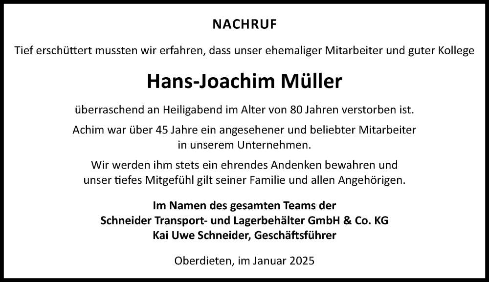  Traueranzeige für Hans-Joachim Müller vom 08.01.2025 aus Hinterländer Anzeiger